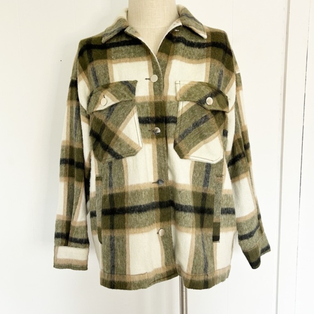 ZARA‎ Wool Blend Plaid Overshirt Jacket Shirt button up oversized size Medium